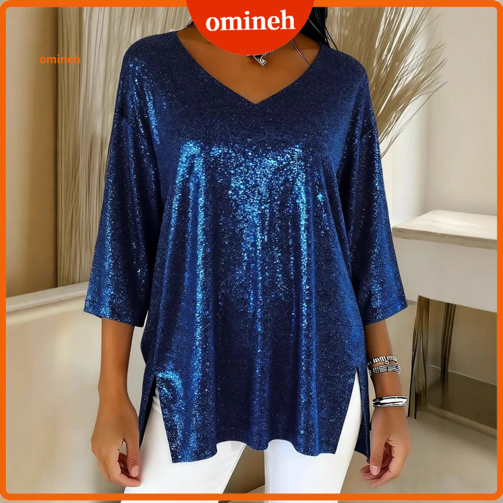 Women Tops Blouse V-neck 3/4 Sleeve Loose Fit Pullover Top Solid Color Glossy Design Comfortable Shirt for Everyday Wear