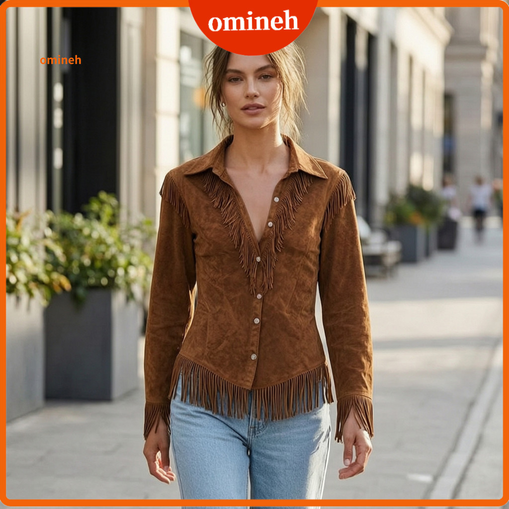 Comfortable Cowgirl Outfits Elegant Date Night Shirts Women’s Autumn Tassel Shirt – Slim Fit Button-down Fringe Blou