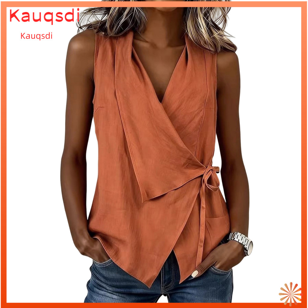 Comfortable Women Tops Vest Women’s V-neck Top with Lapel Collar Side Bandage Design Regular Fit Shirt for Work Partie