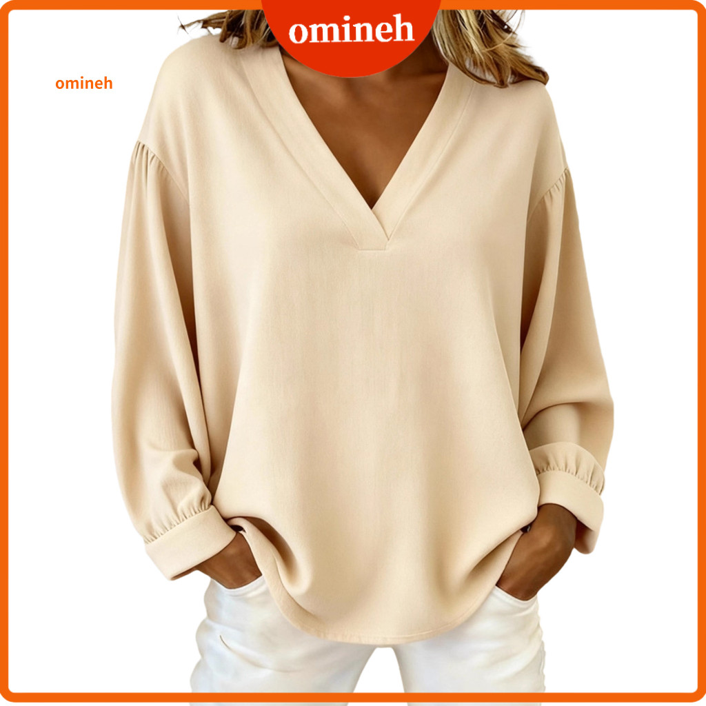 Regular Fit Blouse Women Tops V Neck Long Sleeve Loose Pullover Top – Solid Color for Work Party Date Comfortable Styl