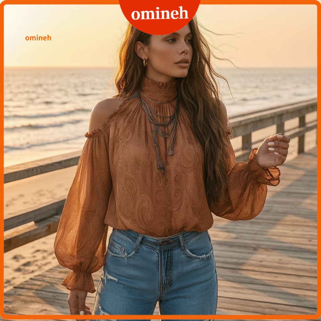 Fall Shirts Comfortable Women Shirt Women’s Vintage Ethnic Print Shoulder Blouse High Collar Ruffle Lantern Sleeve Top