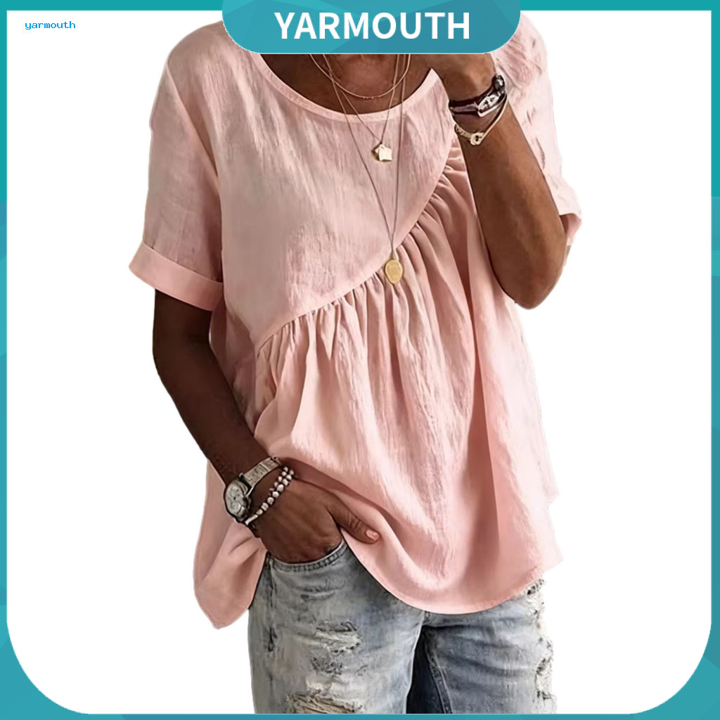 Comfortable T-shirt Women Women’s Summer Round Neck Short Sleeve Ruffle Splicing Design Loose Fit Pure Color Top – L
