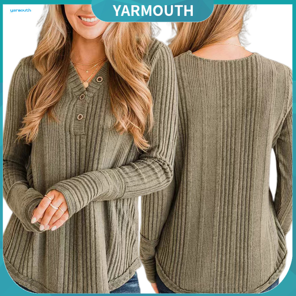 Women Long Sleeve V-neck Shirt Casual Solid Color Blouse Women’s Autumn Knitted Top Ribbed Comfortable Wear Sweater fo