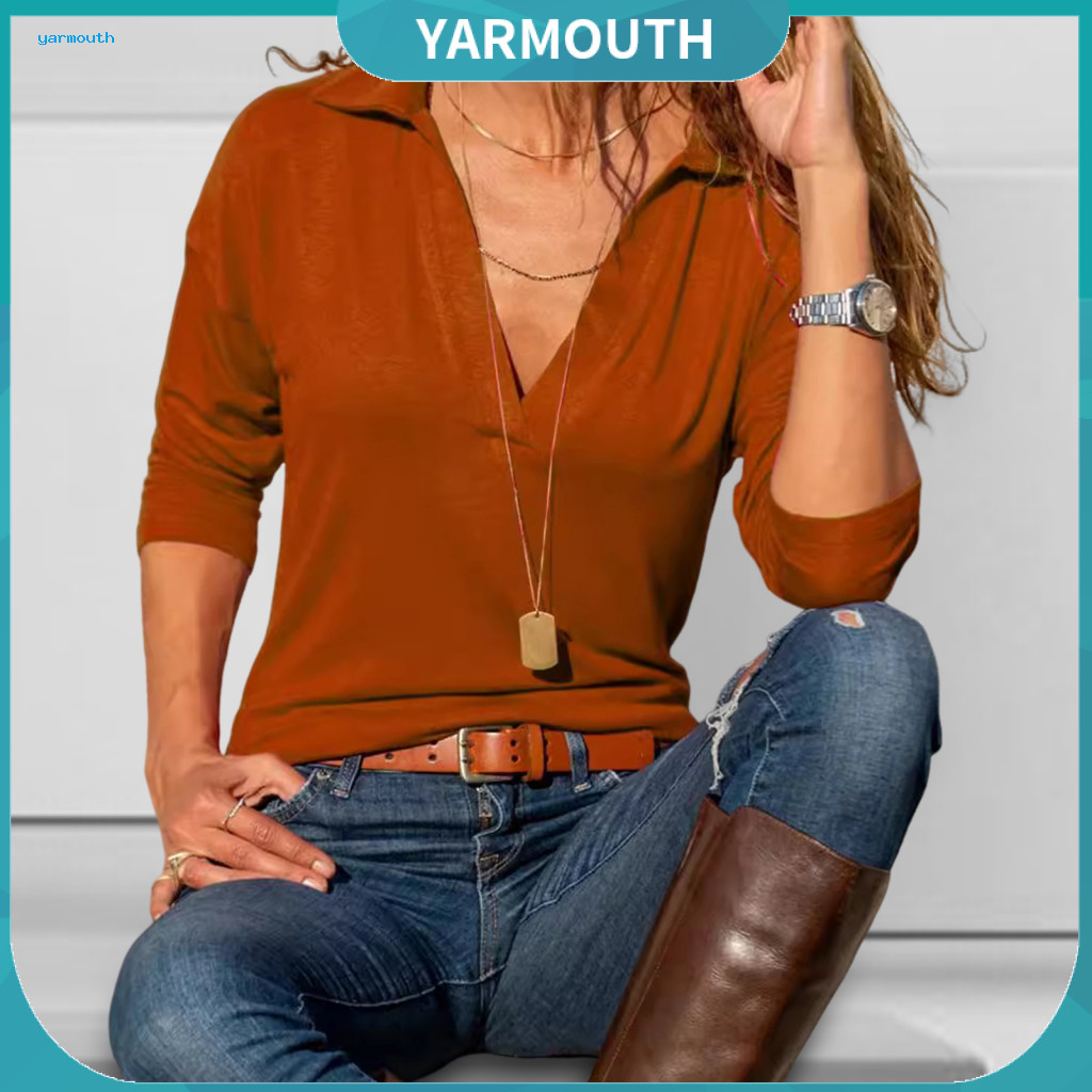 Women Solid Color Pullover Tops Long Sleeve Lapel Top Women’s V-neck Blouse Loose Fit Comfortable Warm for Everyday