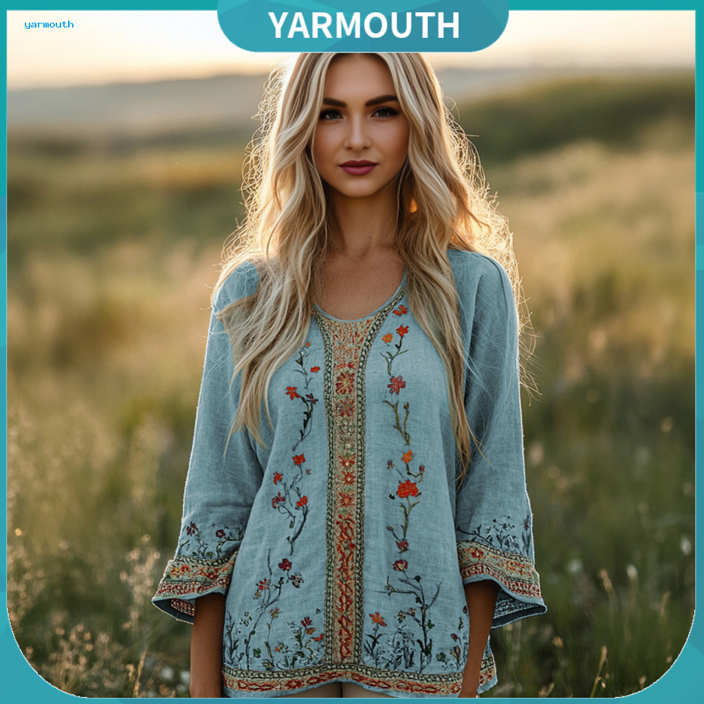 Front and Back Print Blouse Comfortable Stretch Women’s Round Neck Long Sleeve Loose Fit Pullover Top with 3d Flower P