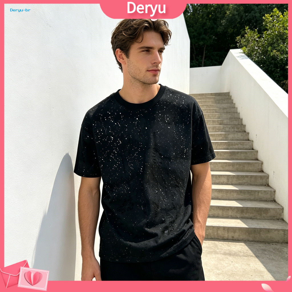 Comfortable Men Top Sparkling Embellishment Shirt Men's Stylish Shabby Loose Fit T-shirt Casual Summer Tee for Party Hol