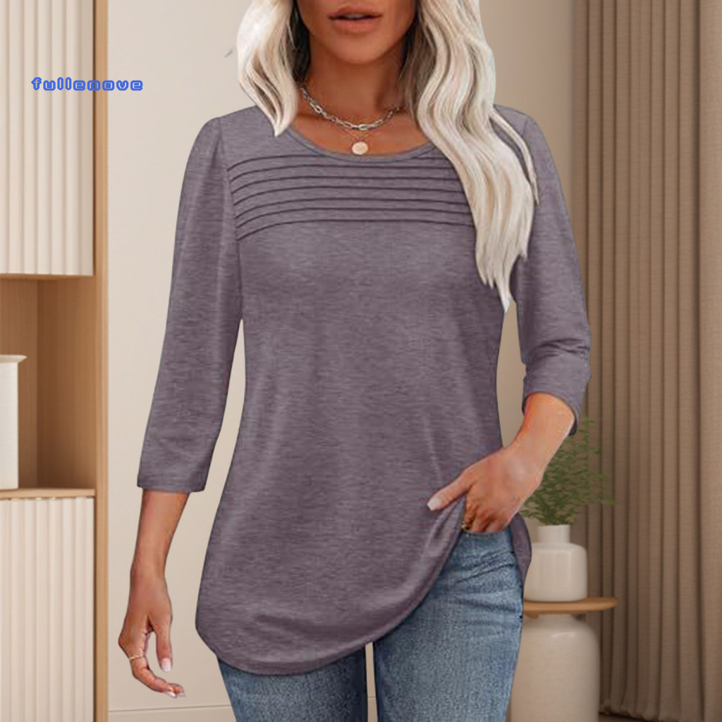 Comfortable Women Shirts 3/4 Sleeve Tops Women’s Round Neck Pleated Blouse – Loose Fit T-shirt for Spring Summer Wea