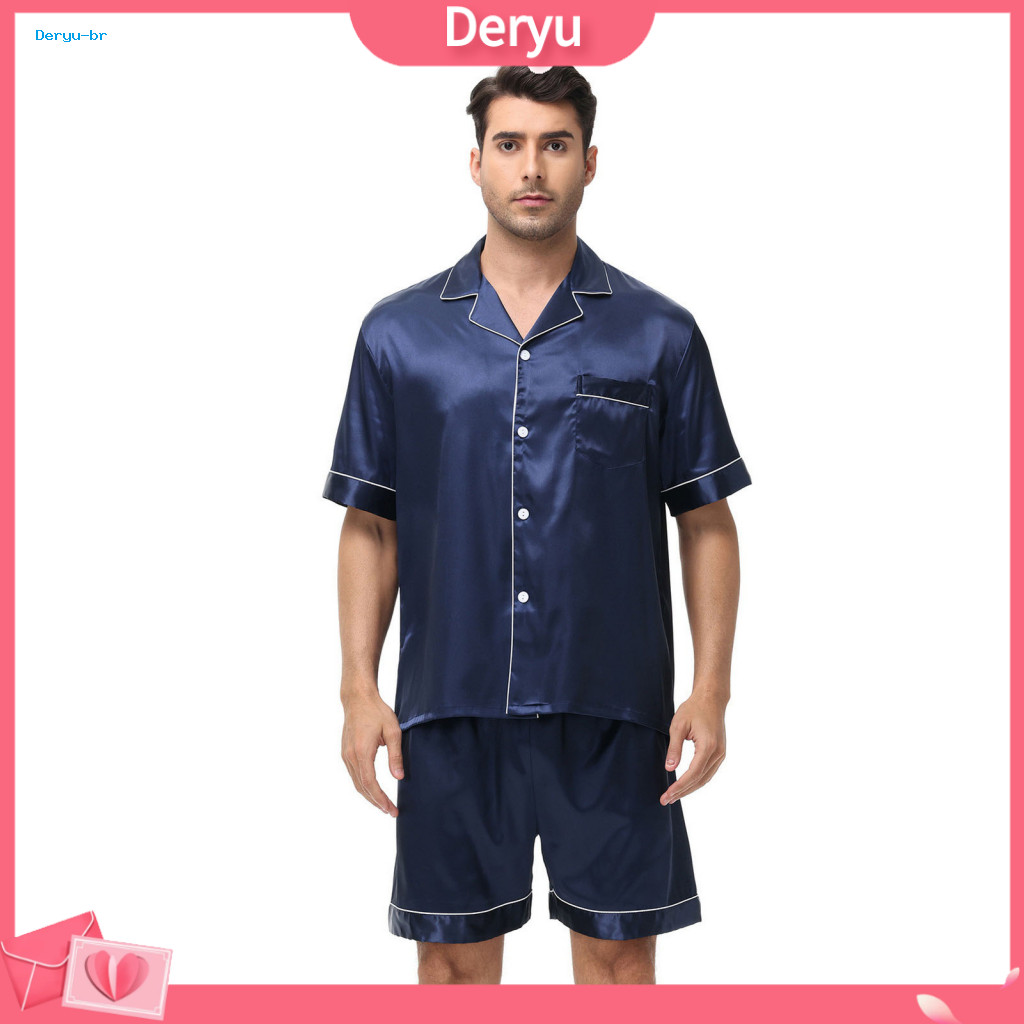 Solid Color Satin Sleepwear Pajamas 2pcs Men Set Short Sleeve Lapel Shirt Elastic Waist Shorts Comfortable Summer for
