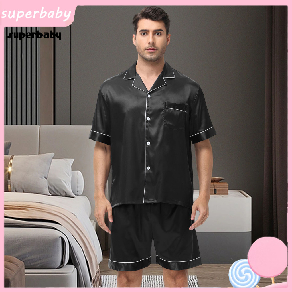 Solid Color Pajamas Satin Sleepwear 2pcs Men Set Short Sleeve Lapel Shirt Elastic Waist Shorts Comfortable Summer for