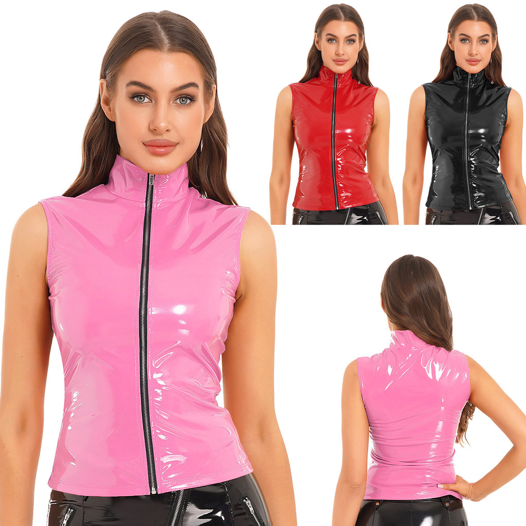 inhzoy Womens Fashion Zipper Sleeveless Jacket Wet Look Patent Leather Stand Collar Vest Tops Clubwear