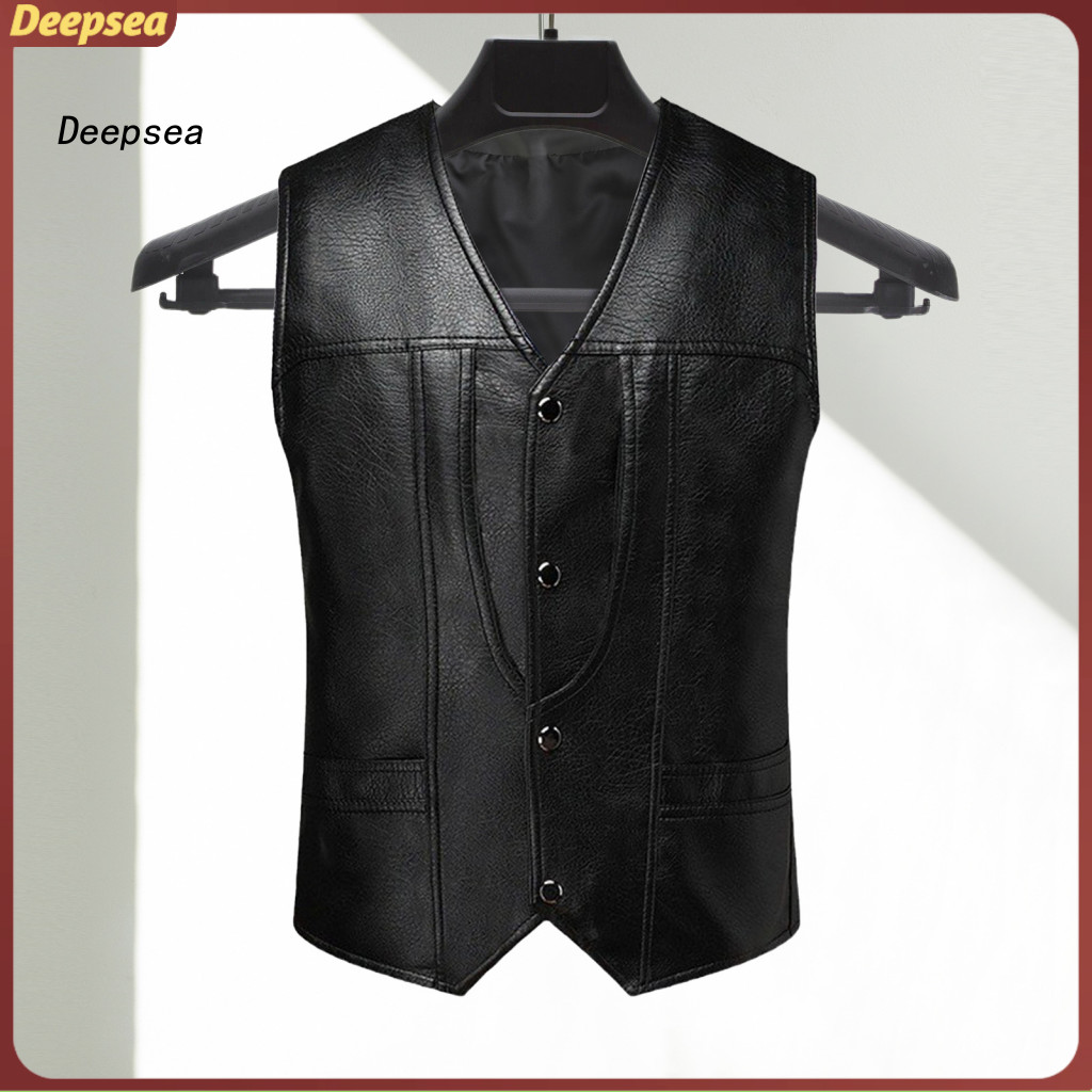 Men's Faux Leather Waistcoat V-neck Slim Fit Sleeveless Vest with Pockets Single Breasted Solid Color Outwear for Stylis