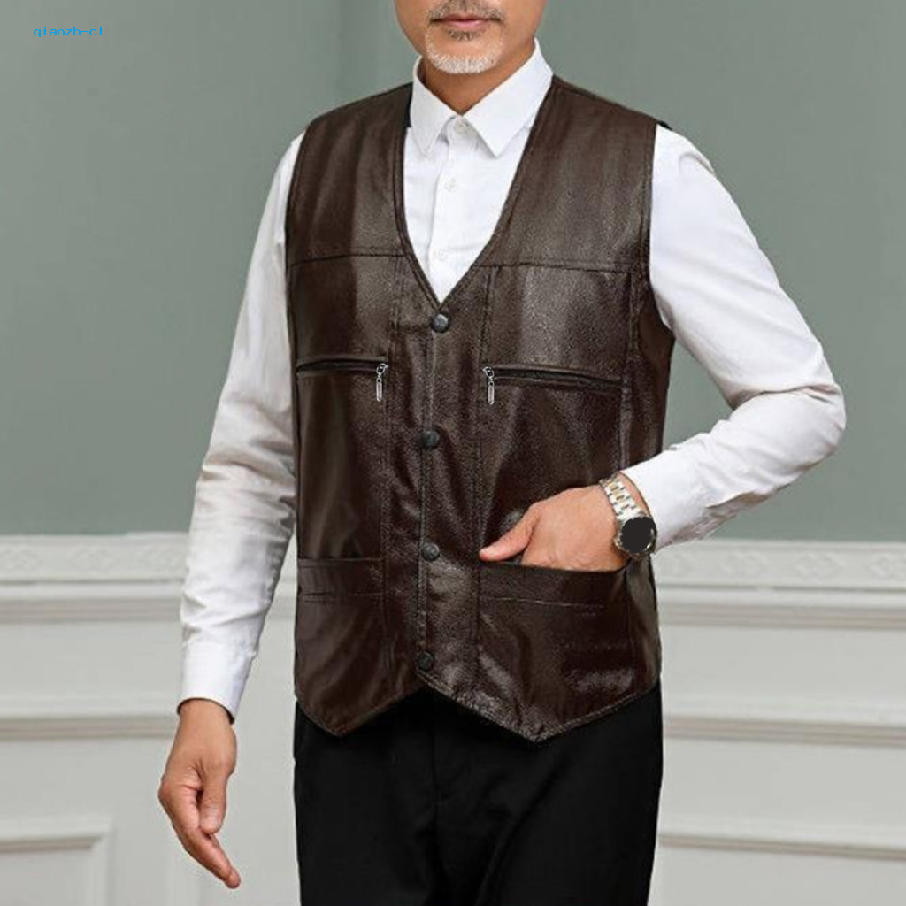 Men Faux Leather Vest Solid Color Men's Winter Thick Plush Sleeveless Waistcoat with V Neck Multi Pockets Warm Windproof