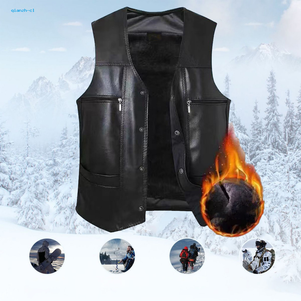 Men Faux Leather Vest Sports Men's Winter Thick Plush Sleeveless Waistcoat with V Neck Multi Pockets Warm Windproof for
