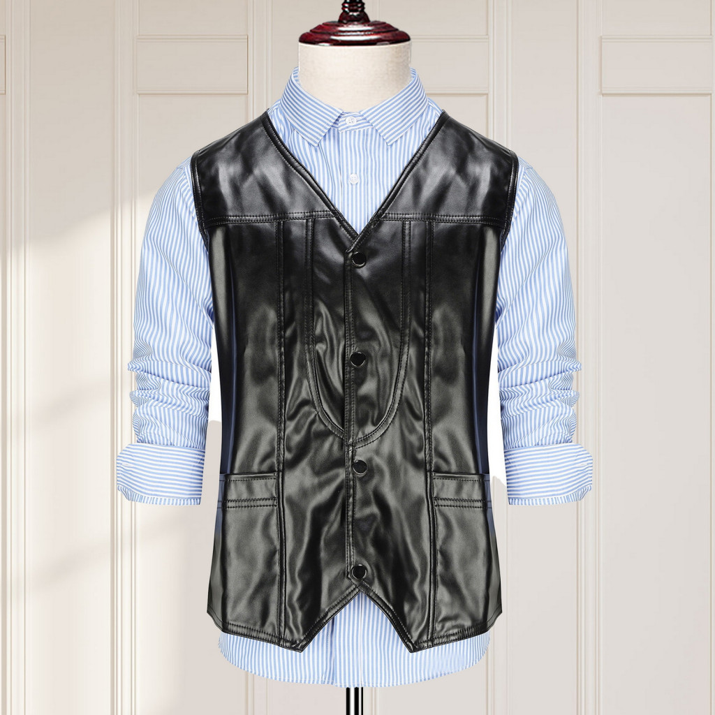 Men Faux Leather Vest Imitation Men's Waistcoat V-neck Slim Fit Sleeveless with Pockets Single Breasted Solid Color Outw