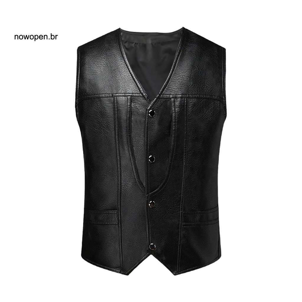 Solid Color Waistcoat Men Faux Leather Vest Men's V-neck Slim Fit Sleeveless with Pockets Single Breasted Outwear for St