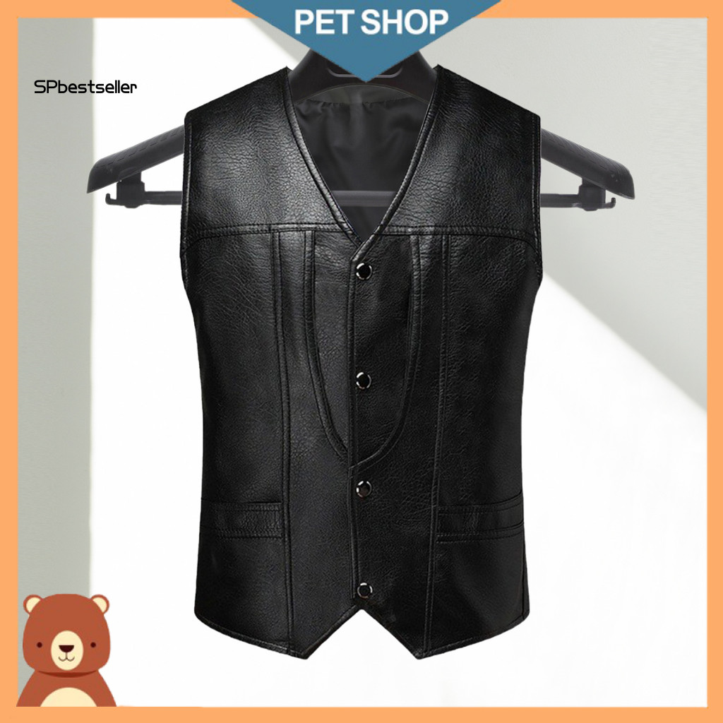 Imitation Leather Waistcoat Men Faux Vest Men's V-neck Slim Fit Sleeveless with Pockets Single Breasted Solid Color for