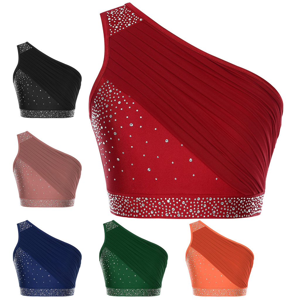 inhzoy Womens Lyrical Dance Costume Adult Modern Dancewear One Shoulder Ruched Mesh Overlay Rhinestones Crop Top