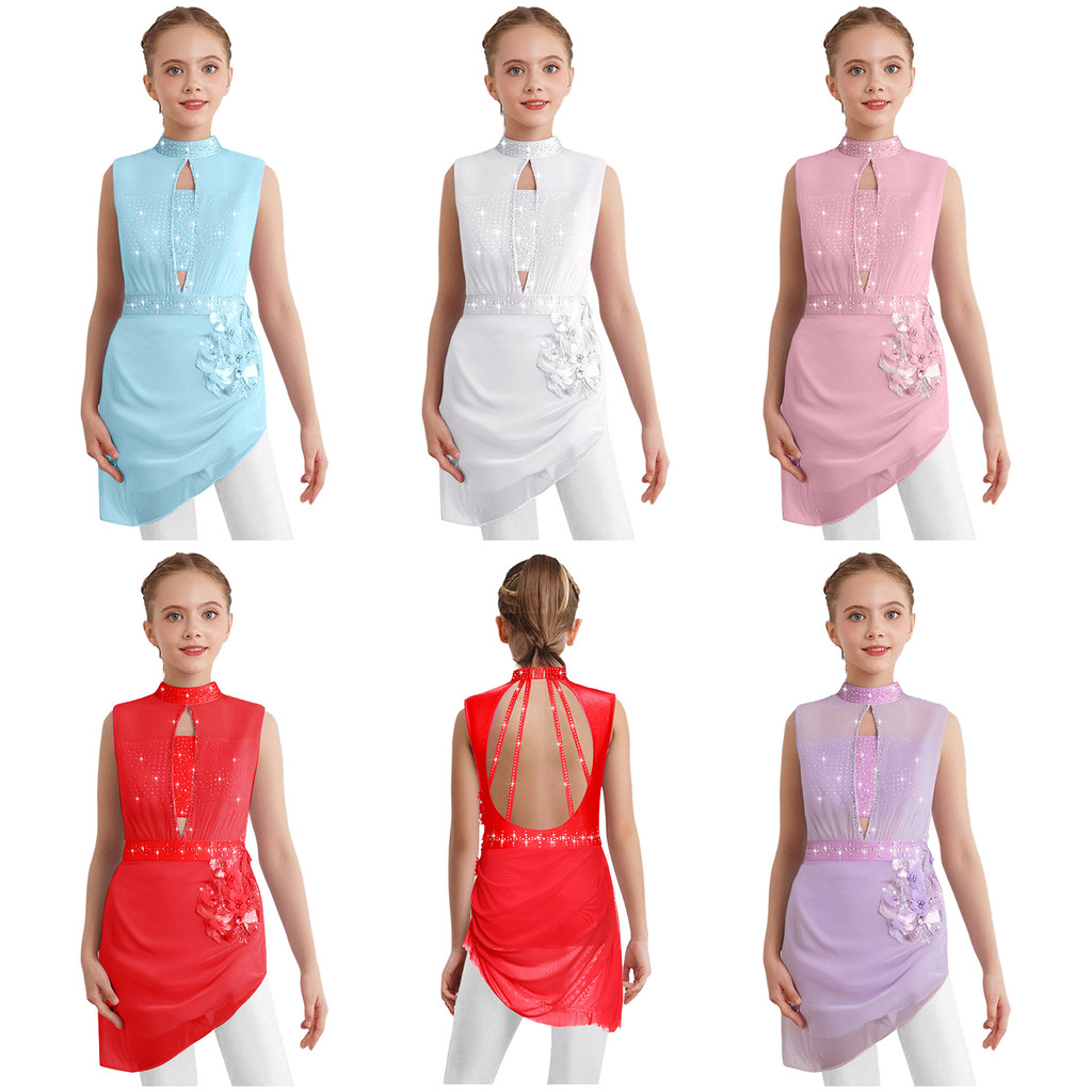 inhzoy Crianças Meninas Patinação Artística Traje De Dança Sem Mangas Backless Recorte Sheer Mesh Overlay Strass Brilhan