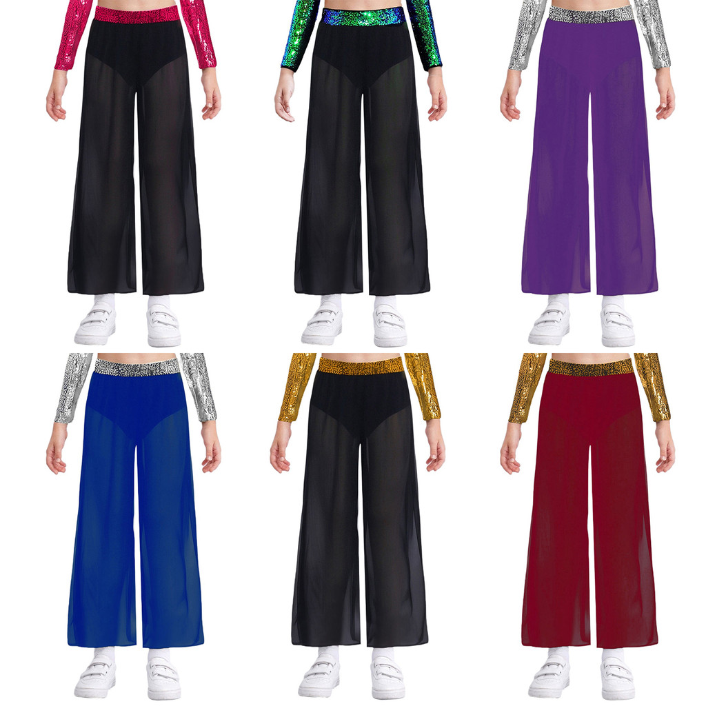 inhzoy Kids Girls Dance Pants Sequin Waistband Flowing Chiffon Overlay Wide-Leg Side Slit Pants for Stage Performance