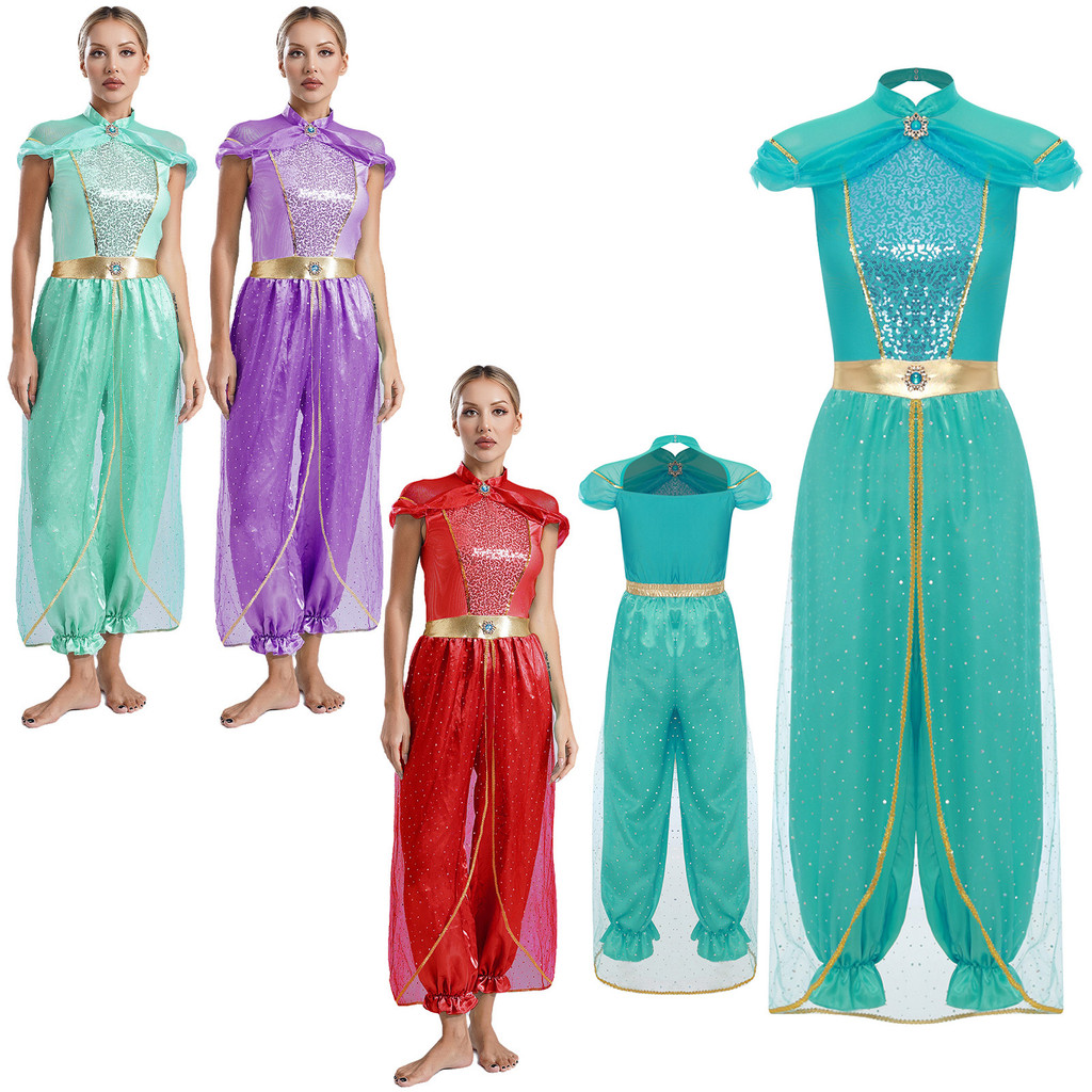 inhzoy Womens Halloween Arabian Princess Rompers Gems Adorned Sequined Overlay One Piece Jumpsuit Belly Dance Costume