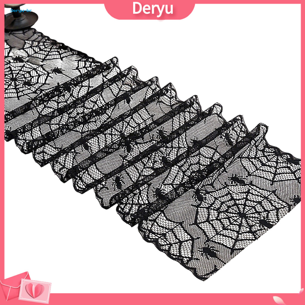 Halloween Tablecloth Vintage Lace Overlay Black Spider Web Table Runner – Dining Decor Spooky Holiday Home for Party f