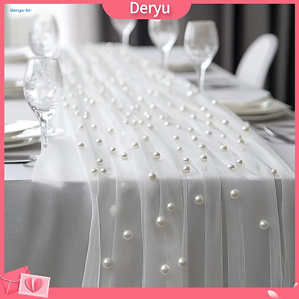 Tulle Table Runner for Wedding Drapey for Celebration Elegant Sheer with Faux Pearls – Perfect Dining Overlay for Wedd