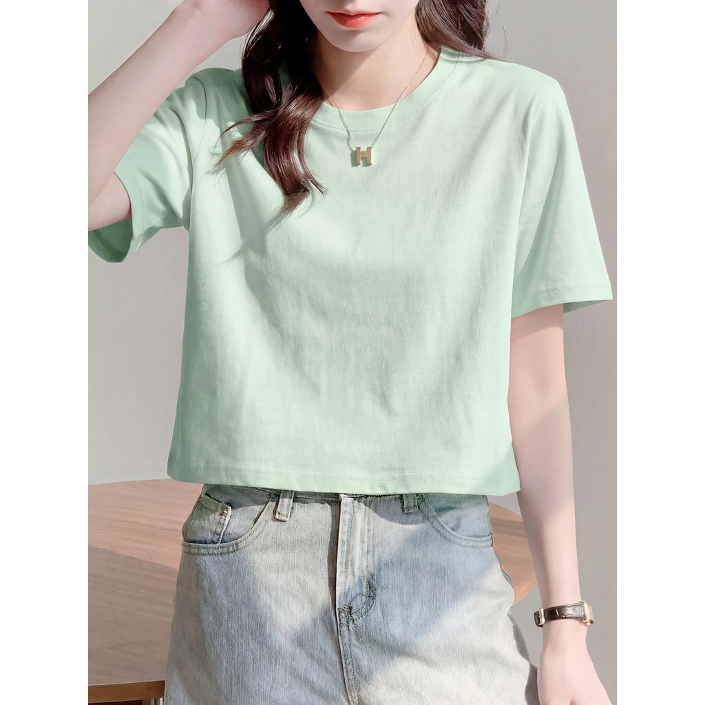 Zhenweisi Boundless Verde Curto Manga Curta Camiseta Feminina 2026 Novo Estilo Verão Desgaste Solto Meia Manga
