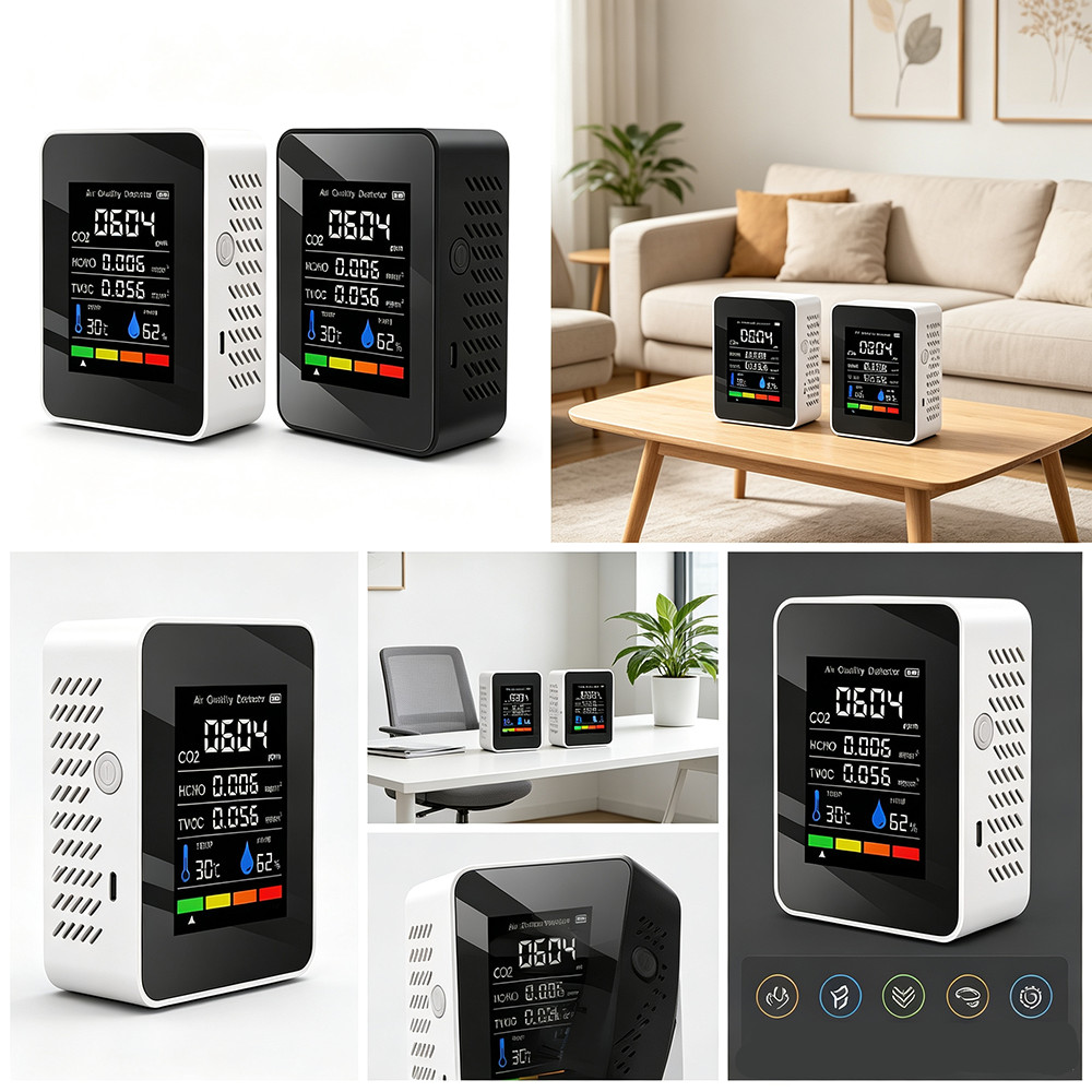 Monitor Portátil De Qualidade Do Ar 5 Em 1 CO2 HCHO TVOC Detector Medidor De Temperatura E Umidade Testador Recarregável
