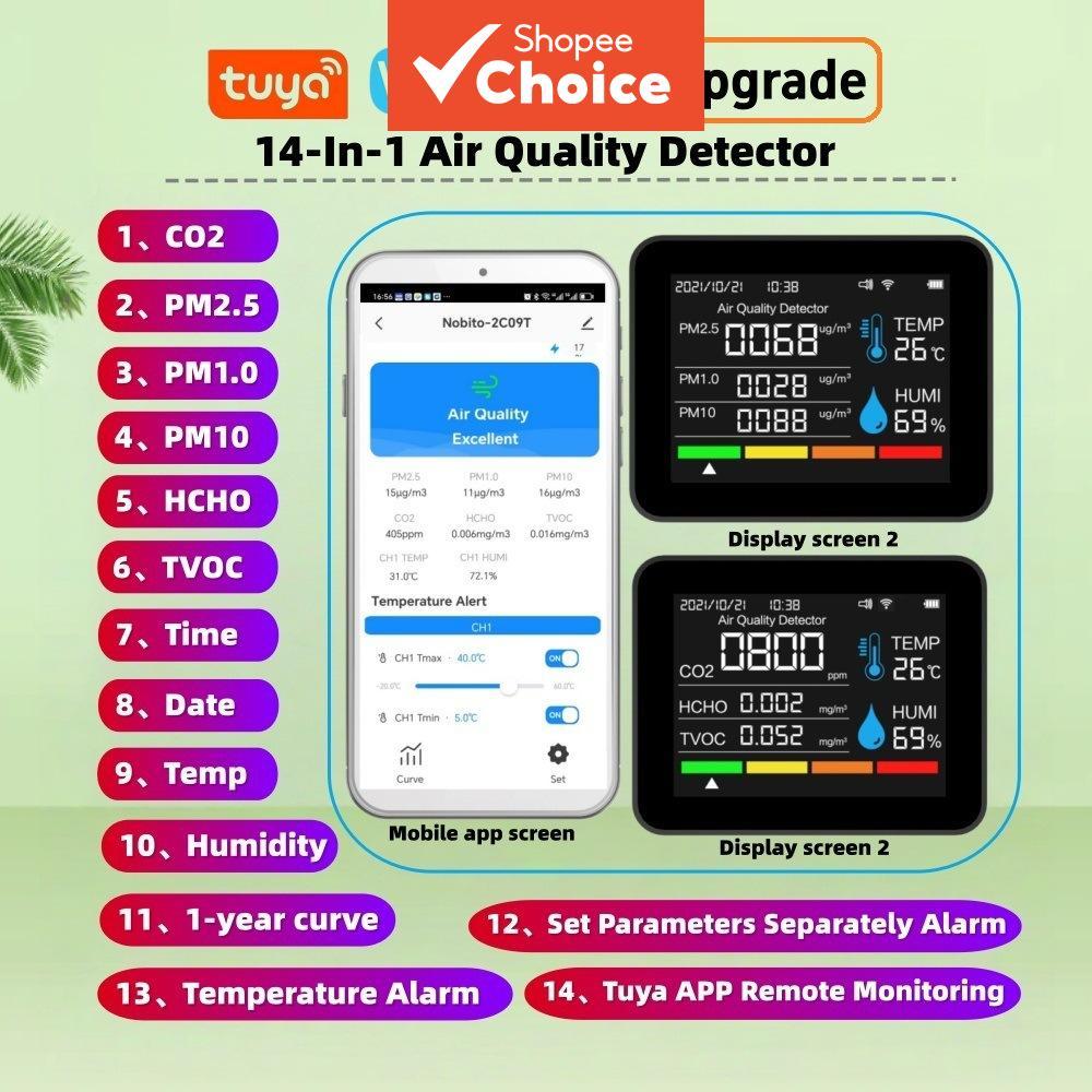 Detector De Gás De Qualidade Do Ar Tuya WiFi De Uma Peça , Monitor Multiparâmetro 14 Em 1 Para CO2 PM2.5 HCHO TVOC Tempe