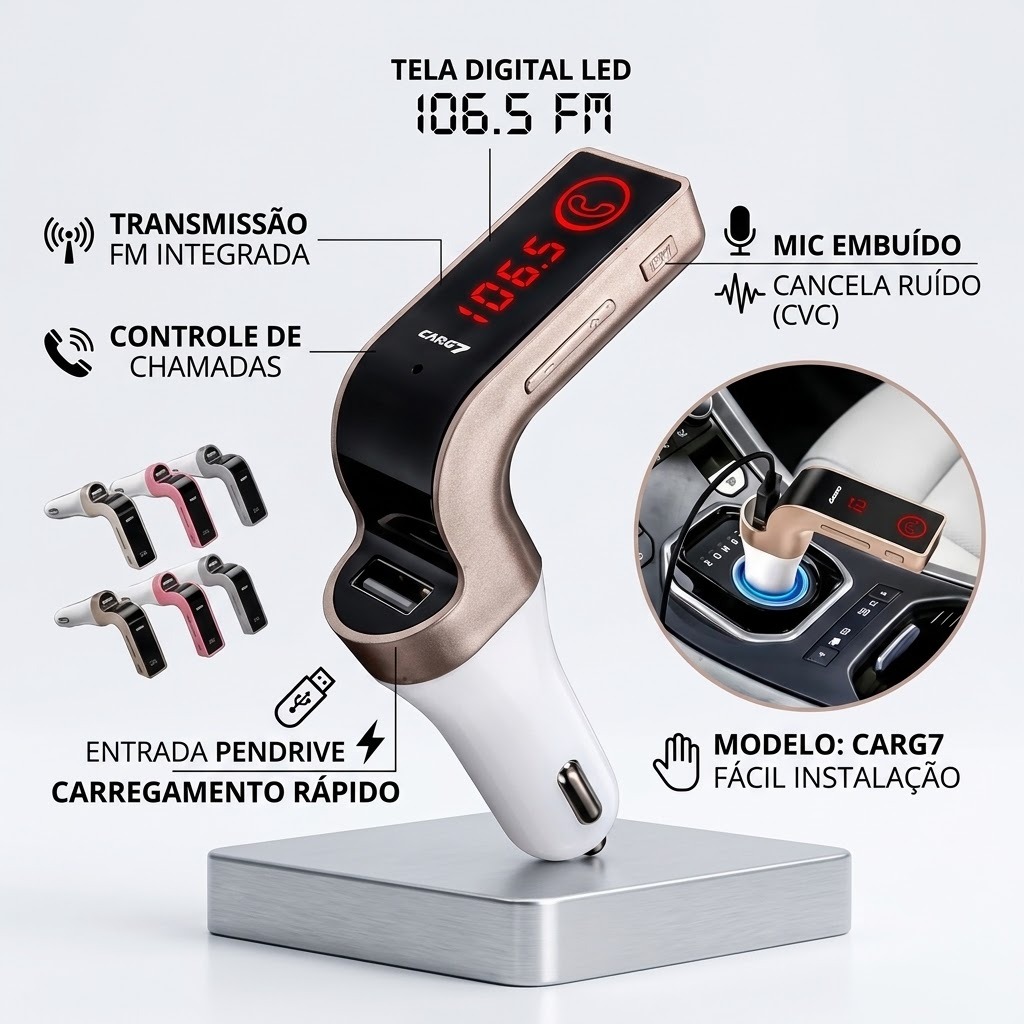 Carregador Transmissor Veicular CARG7 - Bluetooth MP3 PenDrive P2 Tela DIGITAL Altomex