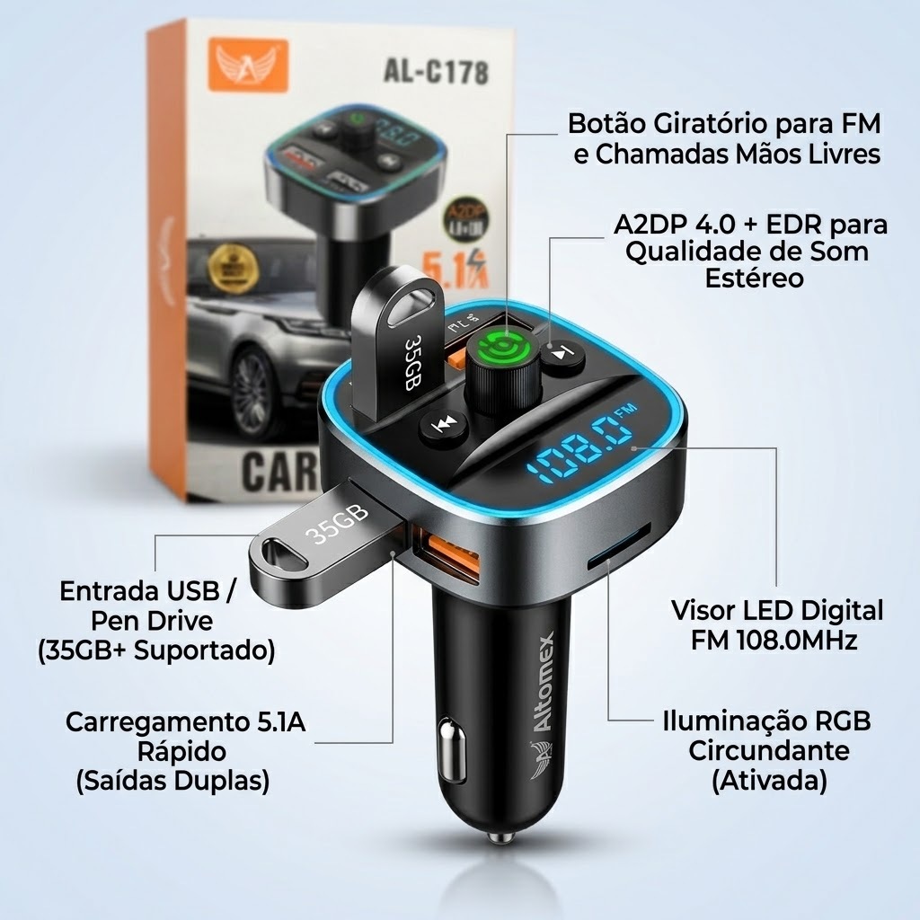 Carregador Transmissor Veicular 5.1A MP3 Player Bluetooth Altomex