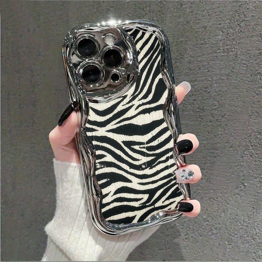 Black And White Zebra Stripes Textured Pattern Element Design  Glossy Cream Wave Plated Phone Case For IPhone11-17
