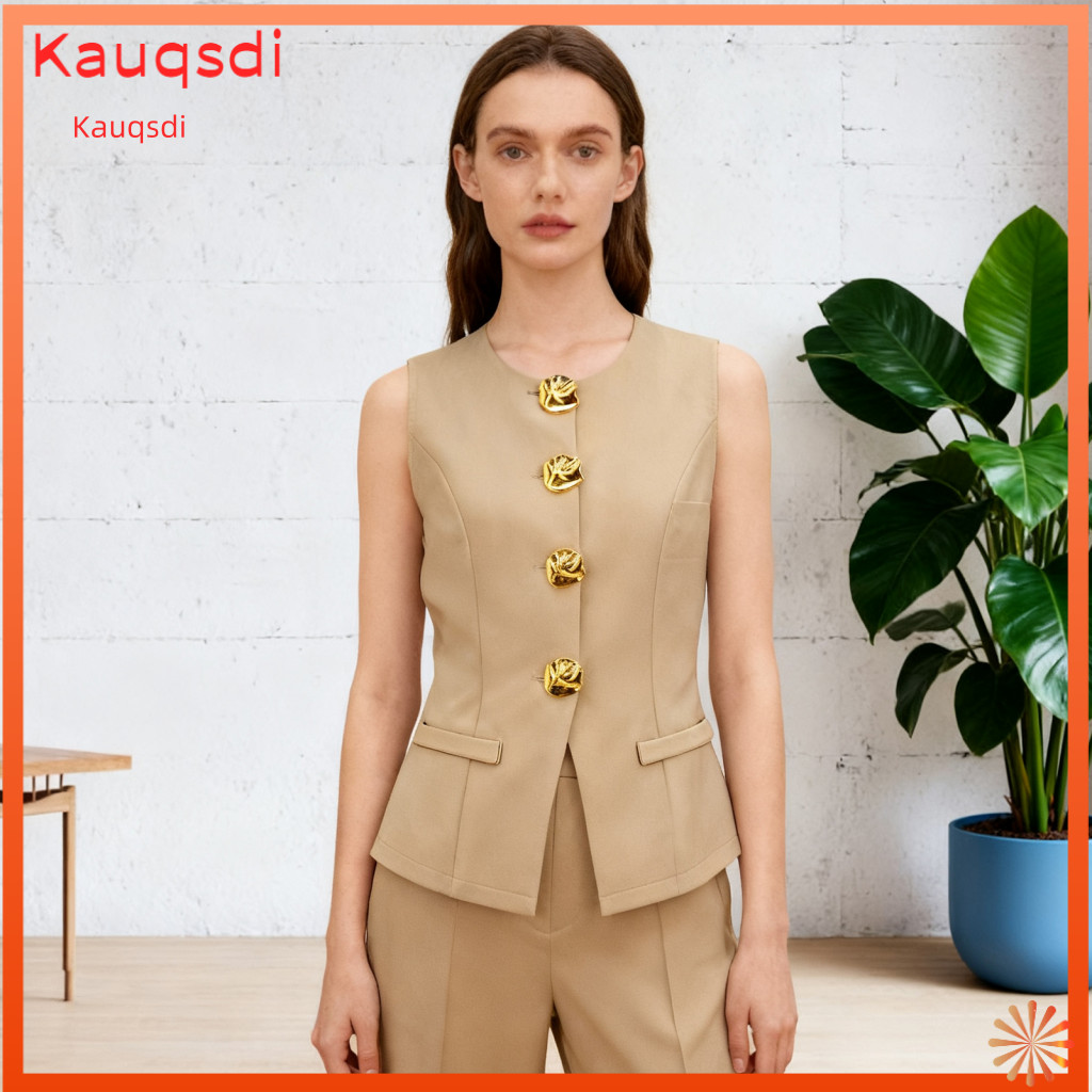 Sleek Crew Neck Sleeveless Top Blazer Vest Textured Suit Fabric Women’s Button-down Waistcoat Business Office Work Dre