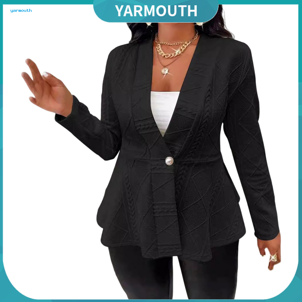 Women Jacket Solid Color Women’s Fall Winter Suit Coat Single Button Textured Jacquard Mid-length Blazer V Neck Long S