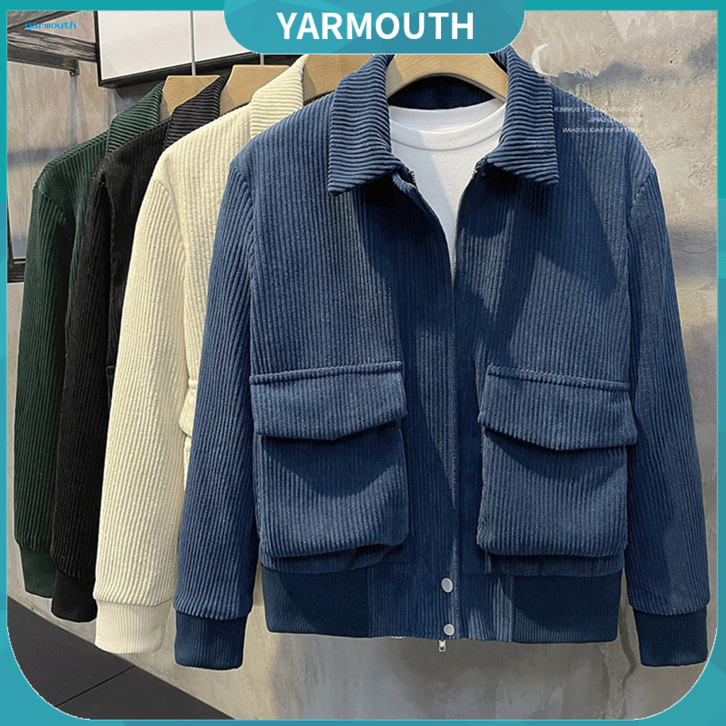 Textured Men Jacket Corduroy Men's Casual Outerwear Long Sleeve Lapel Coat with Flap Pockets and Full Zipper Solid Color