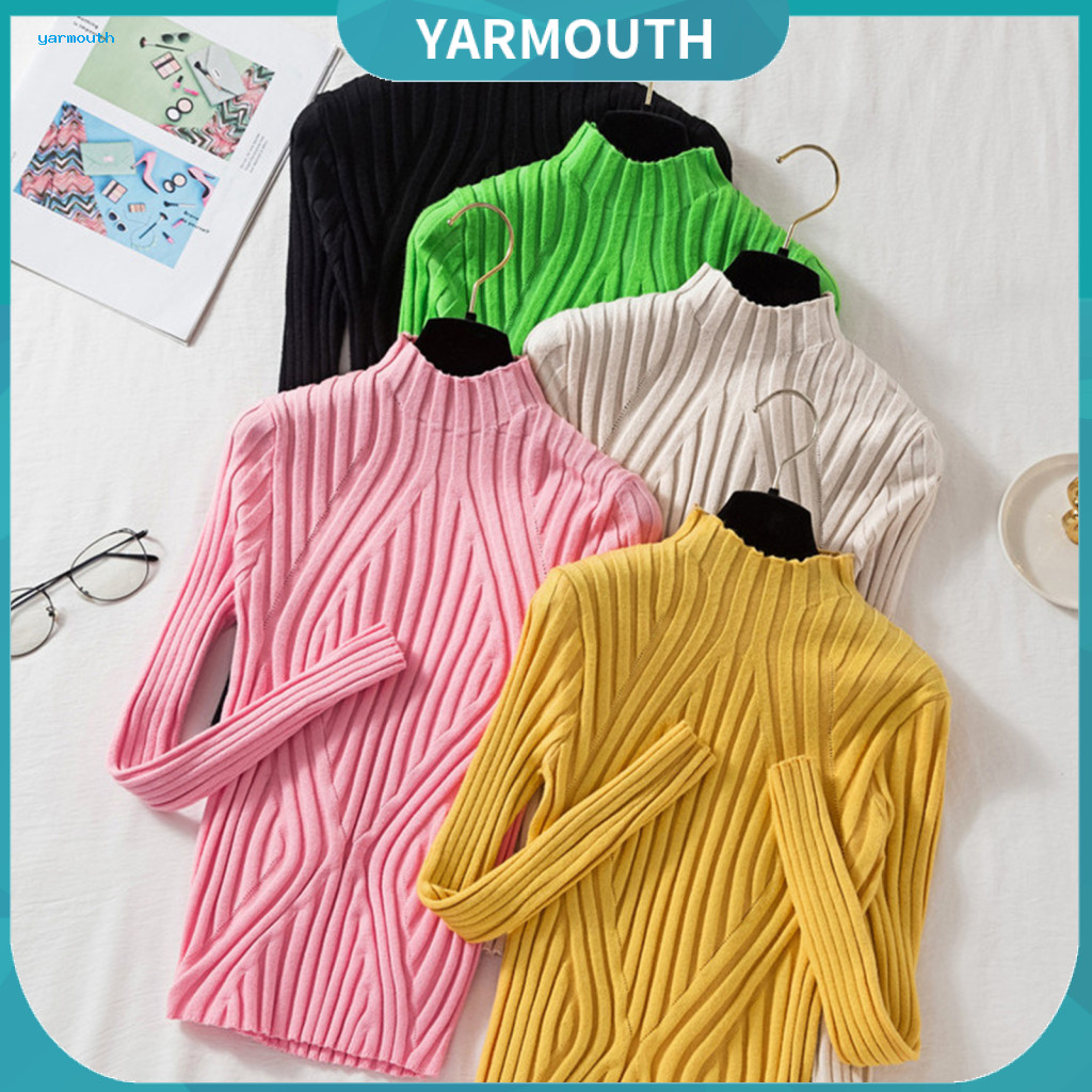Knit Top Women Pullover Sweater Women’s Slim Fit Knitted Half High Collar Long Sleeve Solid Color Textured Lines Autum