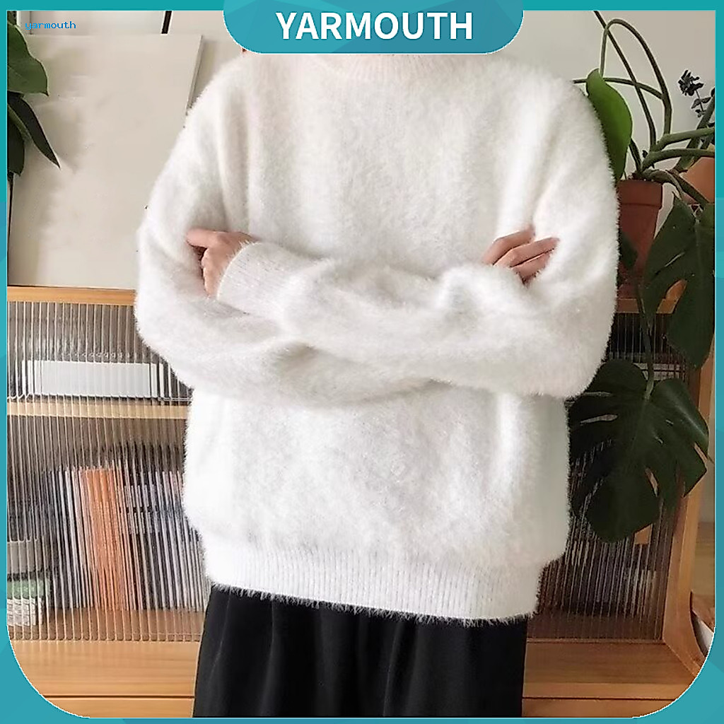 Plush Textured Sweater Solid Color Round Neck Men's Autumn Winter Thick Knit Loose Fit Fuzzy Pullover Long Sleeve Mid-le