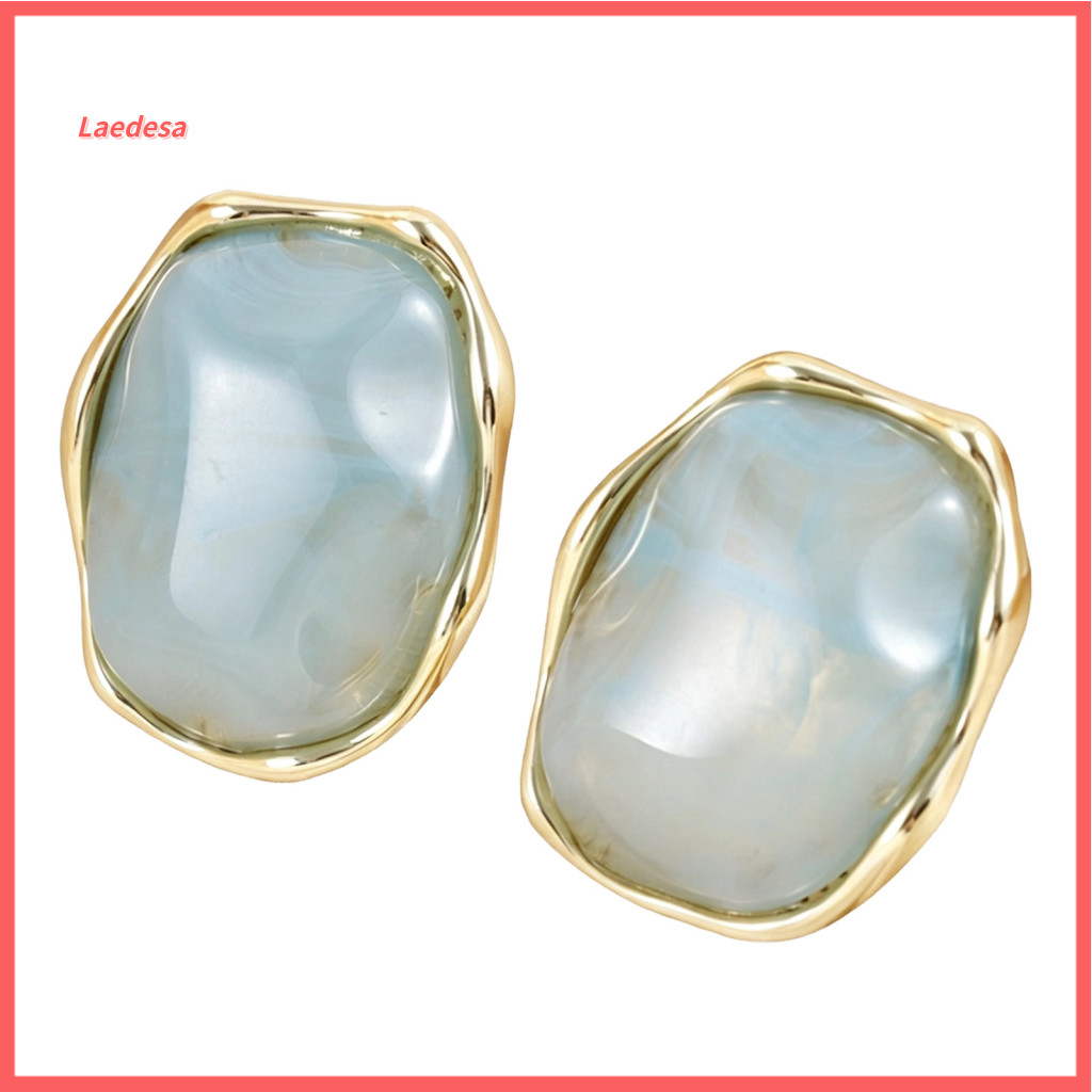 Unique Textured Fashion Earrings Gold Edge Resin Dangle 1 Pair Natural Healing Stone Stud for Women Plated Oval Faux Gem