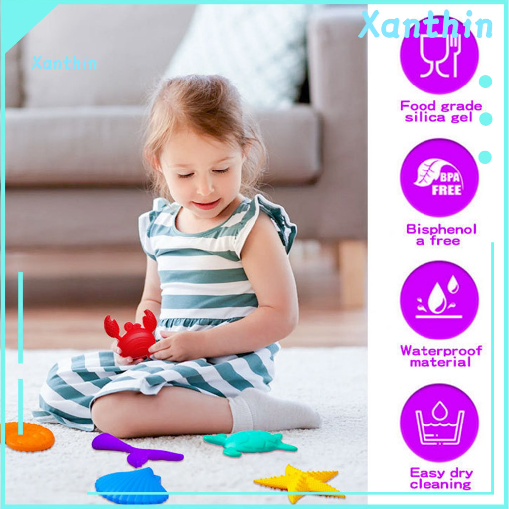 Textured Stone Ocean Theme Stress Relief Toy 6pcs Fidget Toys Set – Fish Crab Turtle Starfish Shell Silicone for Kids