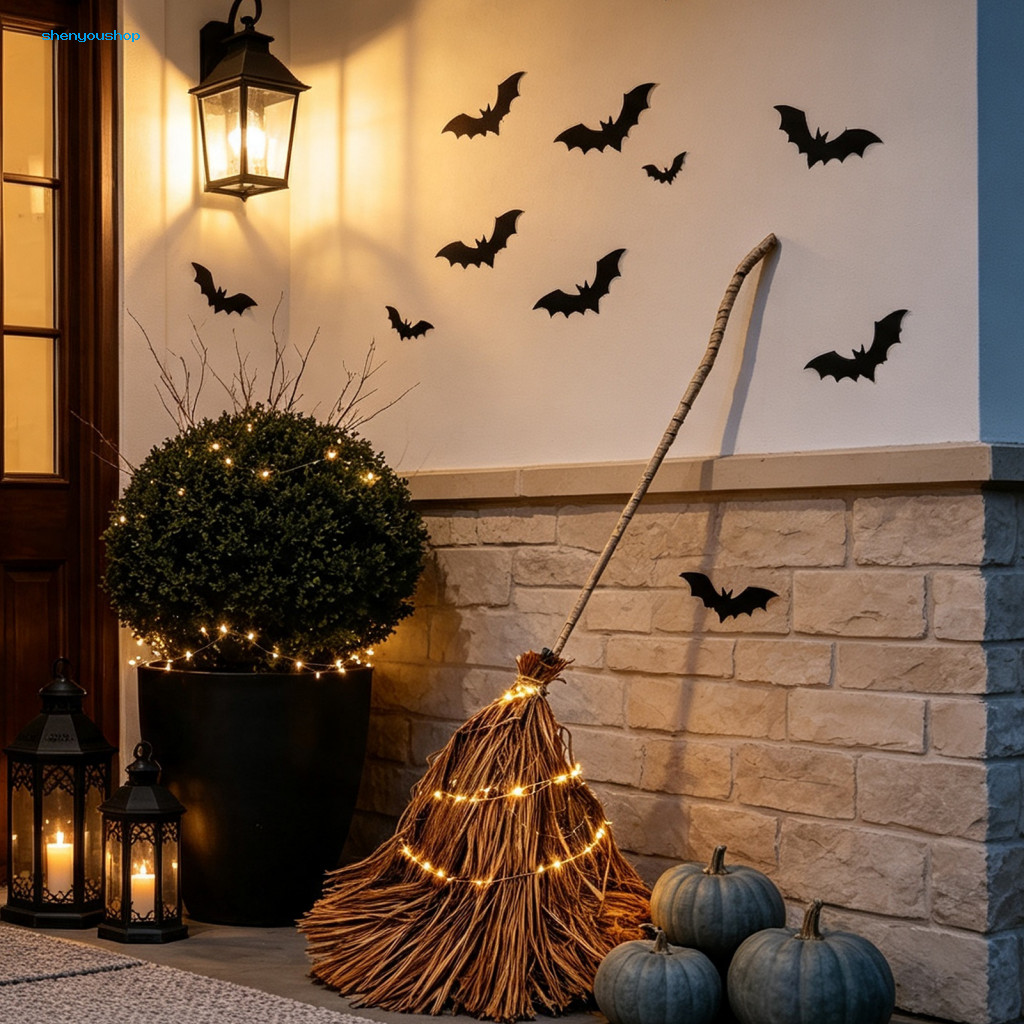 Handmade Textured Straw Broom Halloween Witch Decor 5.5 Ft Giant Light-up with String Lights Vintage Rustic Twig Decorat