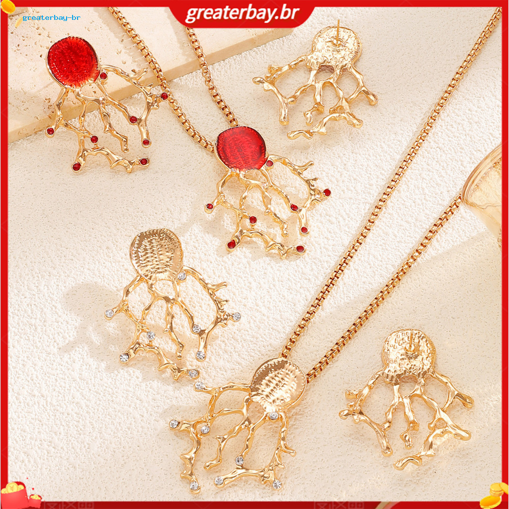 Faux Coral Drop Earrings Necklace Set Textured Alloy Jewelry with Enamel Zircon Accents Unique Ocean-inspired Design Per