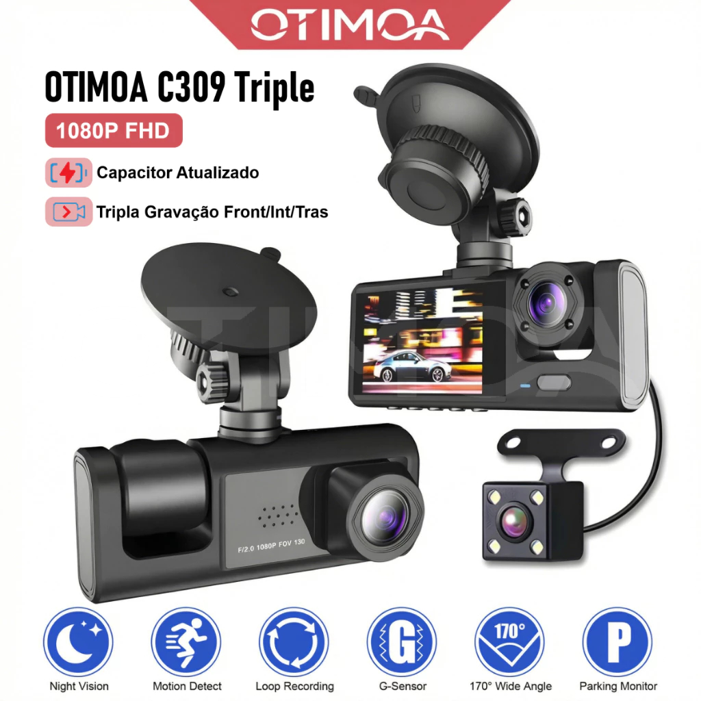 Câmera Dashcam Veiculare 3 Lentes HD 1080p DVR Gravação Para Uber Monitoramento Estacionamento Visão Noturna Envio Local