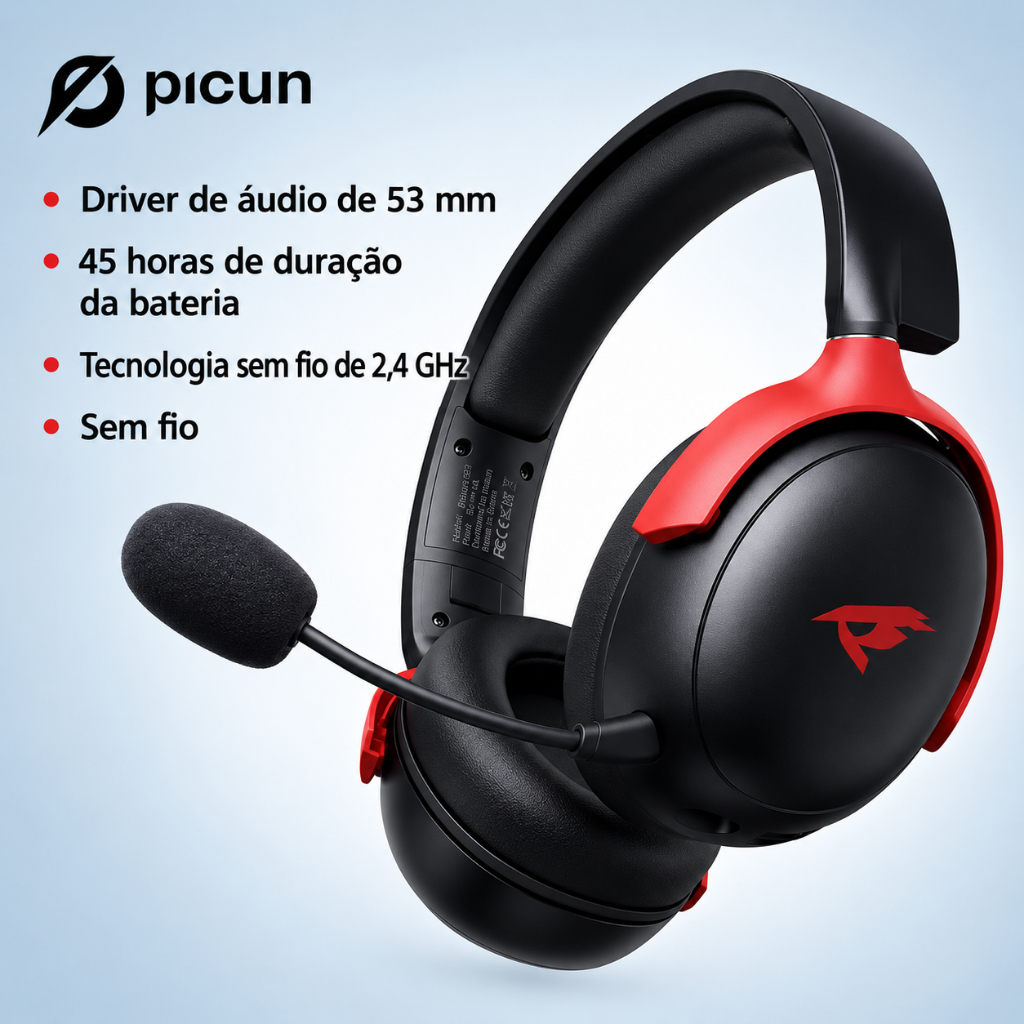 Fone Gamer Picun G3 Sem Fio 2.4GHz Bluetooth 53mm com Microfone Redução de Ruído 45H