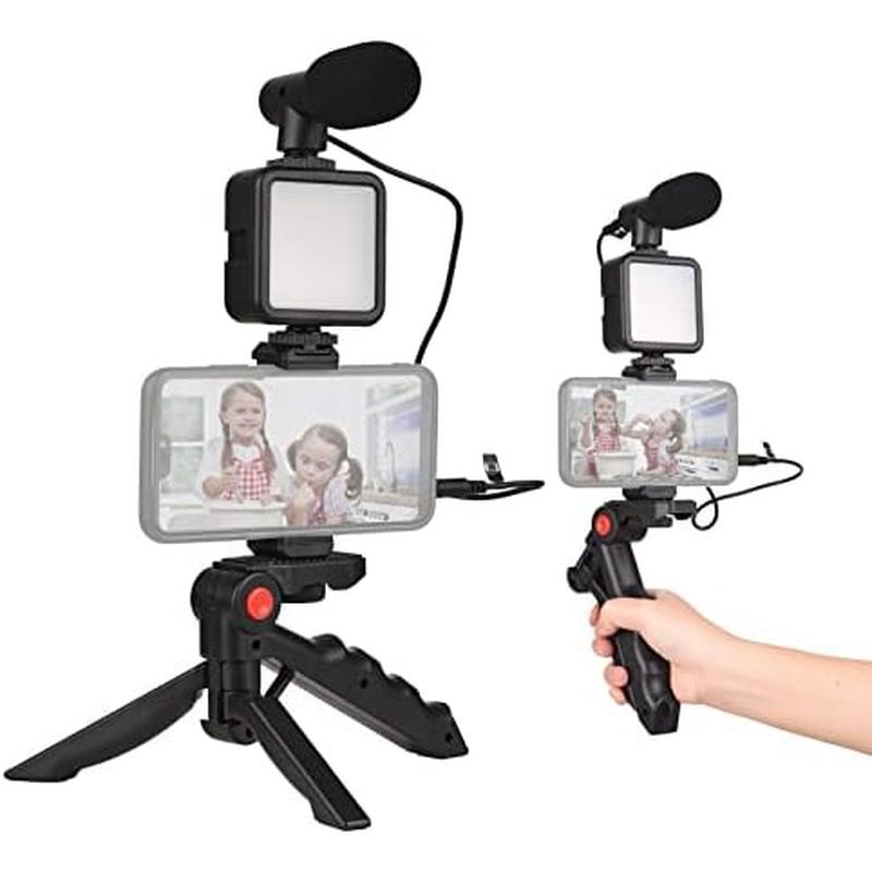 Andoer Smartphone Vlog Kit Mini Luz De Vídeo LED + Microfone Cardióide + Clipe De Telefone Extensível + Tripé Com Brilho