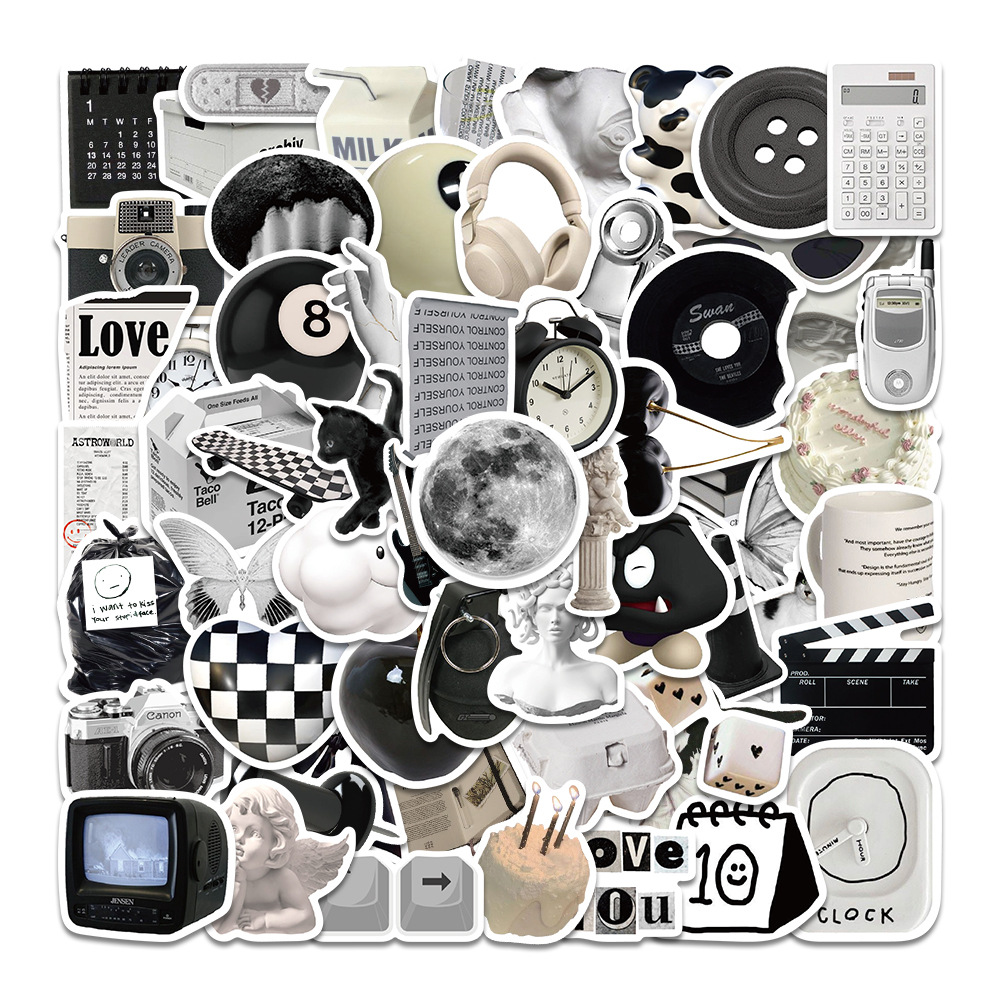 61 decals minimalistas em grafite monocromático para adornar bolsas, instrumentos de escrita e guitarras.