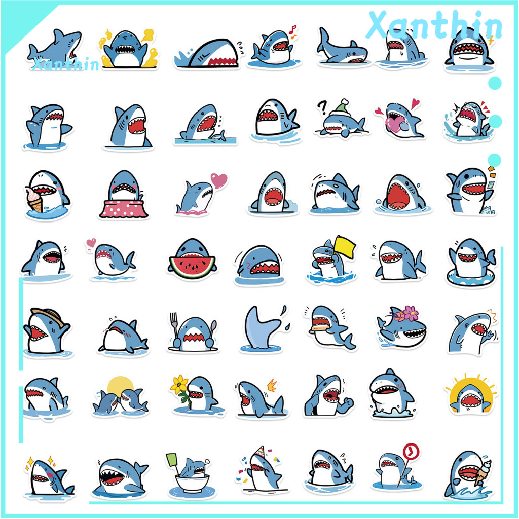 Pvc Shark Stickers Self-adhesive Pencil Case 50pcs Cartoon Waterproof Decals for Phone Laptop Skateboard Luggage Scrapbo