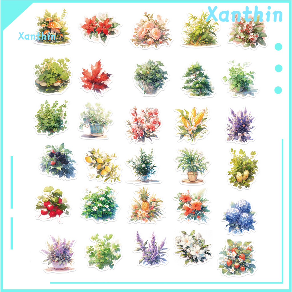Watercolor Plant Stickers Themed Decals 50pcs Hand-painted Flower Waterproof Pvc Self-adhesive for Phone Laptop Cup Lugg