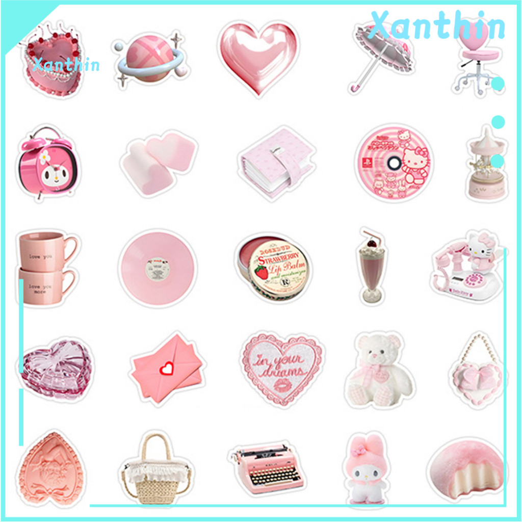 Water Bottle Stickers Laptop 60pcs Pink Retro Waterproof Vinyl Valentine’s Day Diy Decorative Decals for Skateboard Lu
