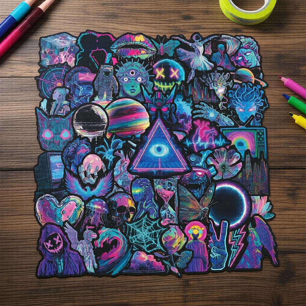 Adesivos Estéticos à Prova D'Água 5x56 unidades, Decais Cyberpunk Neon Criativos, Papelaria para Cadernos e Jornais