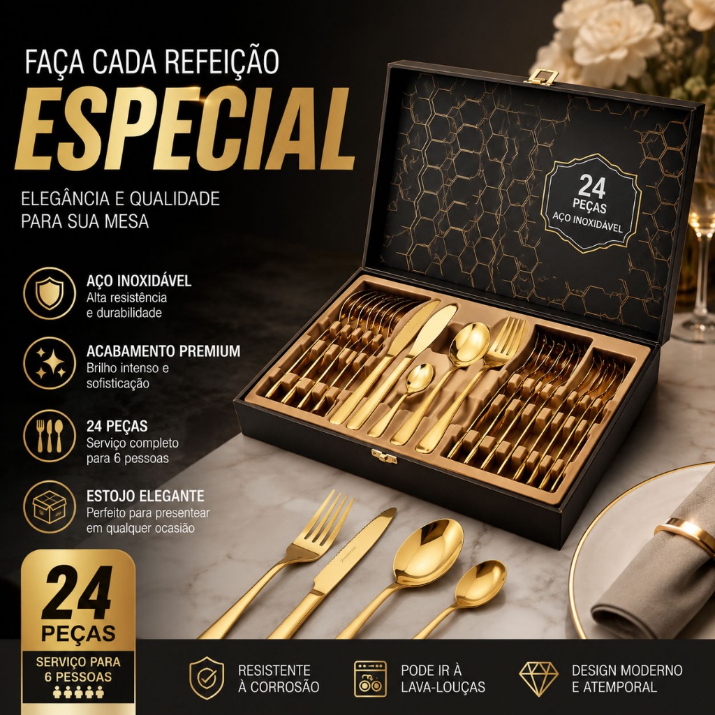 Belifou Kit 24 Gold Cutlery Set With Knife And Fork Set 416 Gift Box